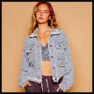 POL Star Textured Raw Hem Long Sleeve Denim Jacket sz L NEW